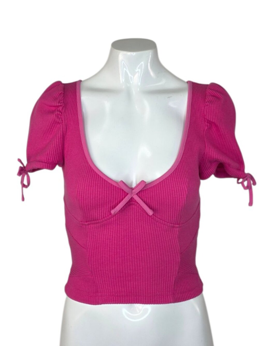 I.AM.GIA Nova Top, Pink, Ribbed Crop Top, Scoop Neck, Bows, Size XS, Tie Sleeve